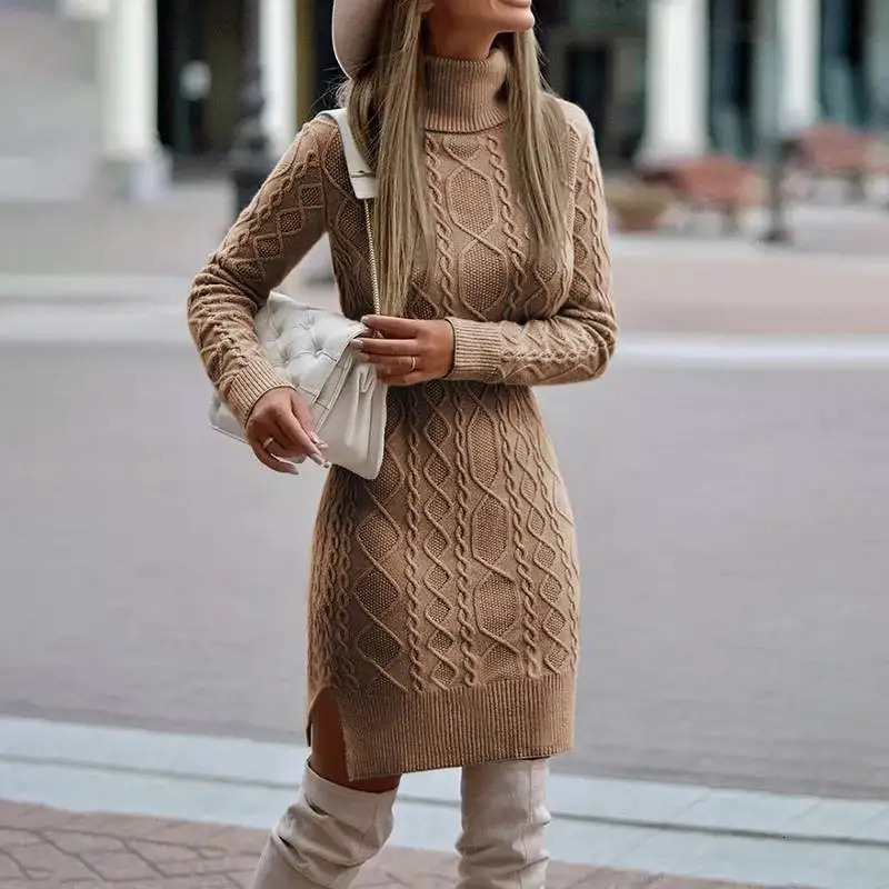 High neck sweater for women slim fit long autumn and winter warm sleeved high waisted tight fitting dress 241212