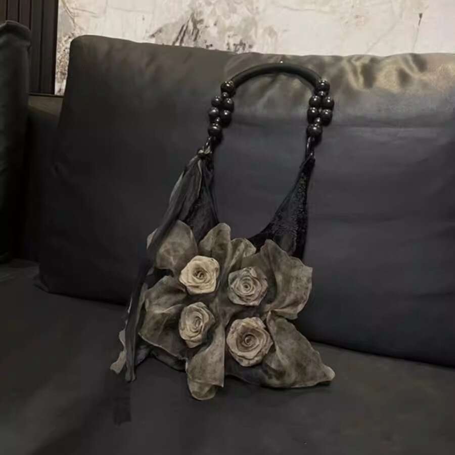 Chinese style grass and wood pad dyed rose flower bag pleated underarm commuting large capacity tote shoulder handbag