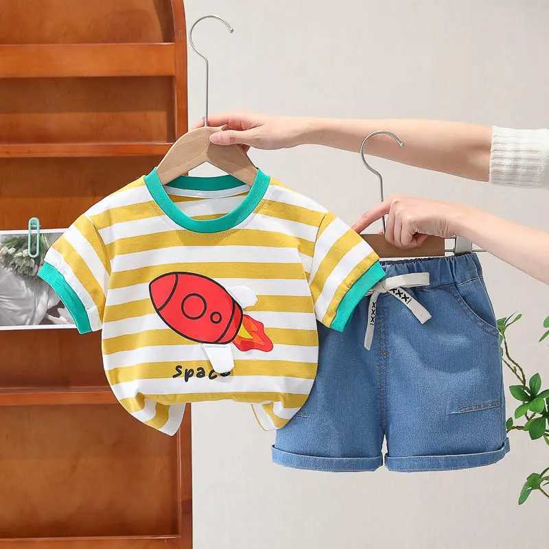 Clothing Sets Kids Boys Girls Summer Clothes Cotton Strips Sports Suit Infant Space T Shirt Shorts Children Clothing Tracksuits Set 0-5 Years H241214