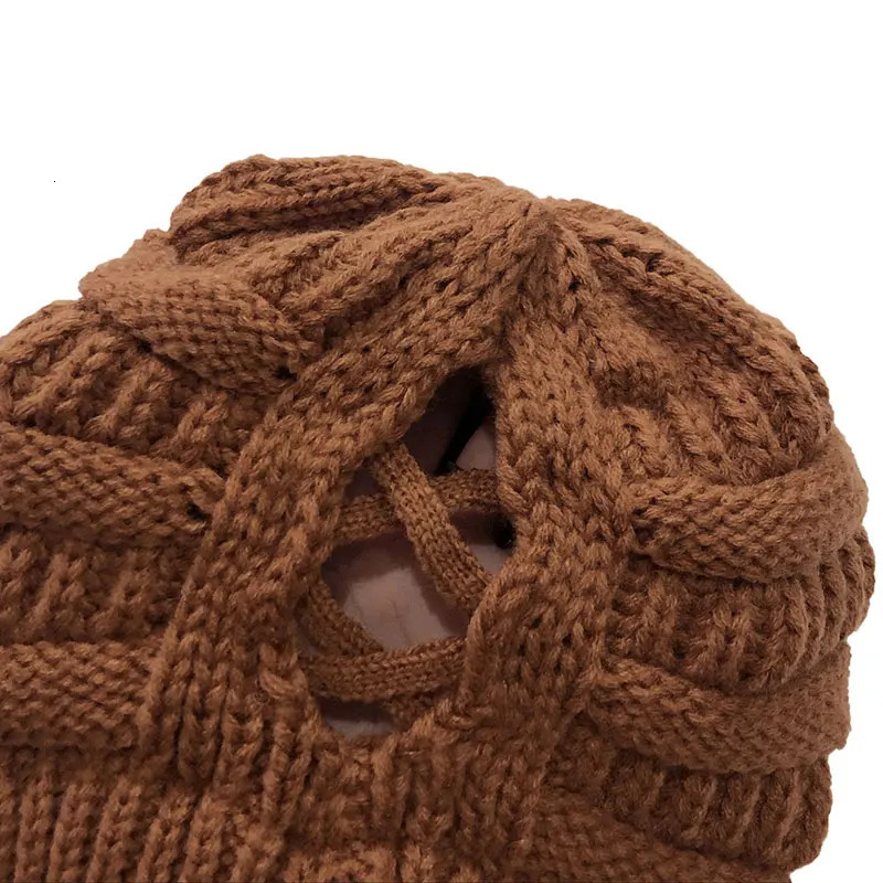adult womens wool knitted hat autumn warm skull hat womens cross ponytail hat skull hat 241211