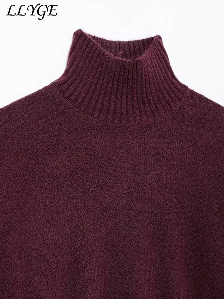Retro womens Burgundy turtle neck sweater casual long sleeved thick pullout 2024 winter comfortable fully matched knit 241211