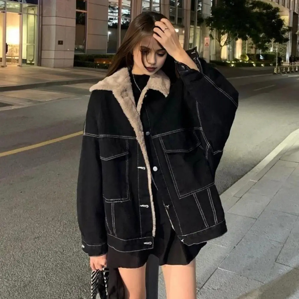 Legging jacket warm plush lined denim with pockets comfortable lapel fashionable single breasted for outdoor wear 241211