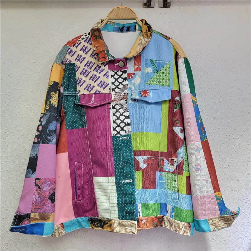 YEAE will a Korean version of loose casual contrasting printed single mouth long sleeved denim jacket 241211