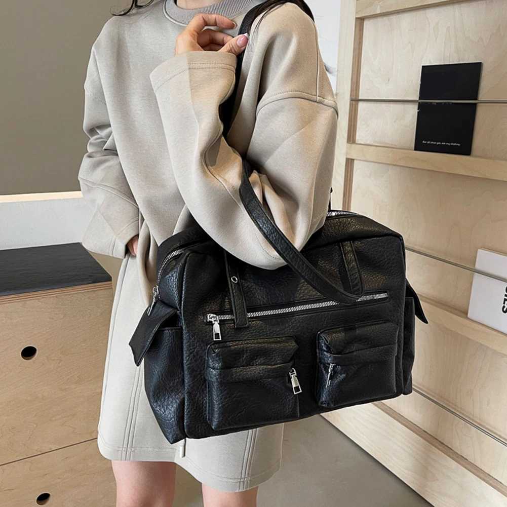 Wen PU Leather Shoder Bag w/ Mti-Pockets Underarm Bag Adjustable Strap Sahel Bag Solid Tote Bag for Work Travel Z250514