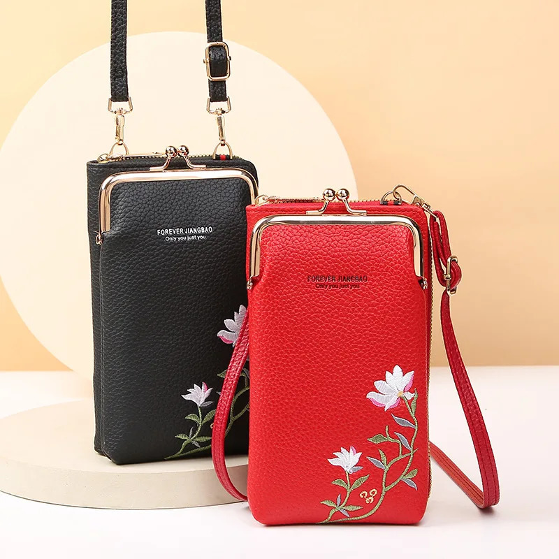 Womens long embroidered phone bag womens shoulder strap handbag cross body bag womens wallet coin wallet card holder 241213