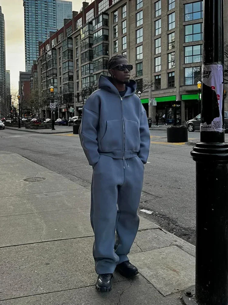 Hooded Jacket Straight Pants 2 Piece Set Autumn Plush Hoodie Coat Trousers Suits Casual Solid Men Tracksuit Zipper Long Sleeve 241211
