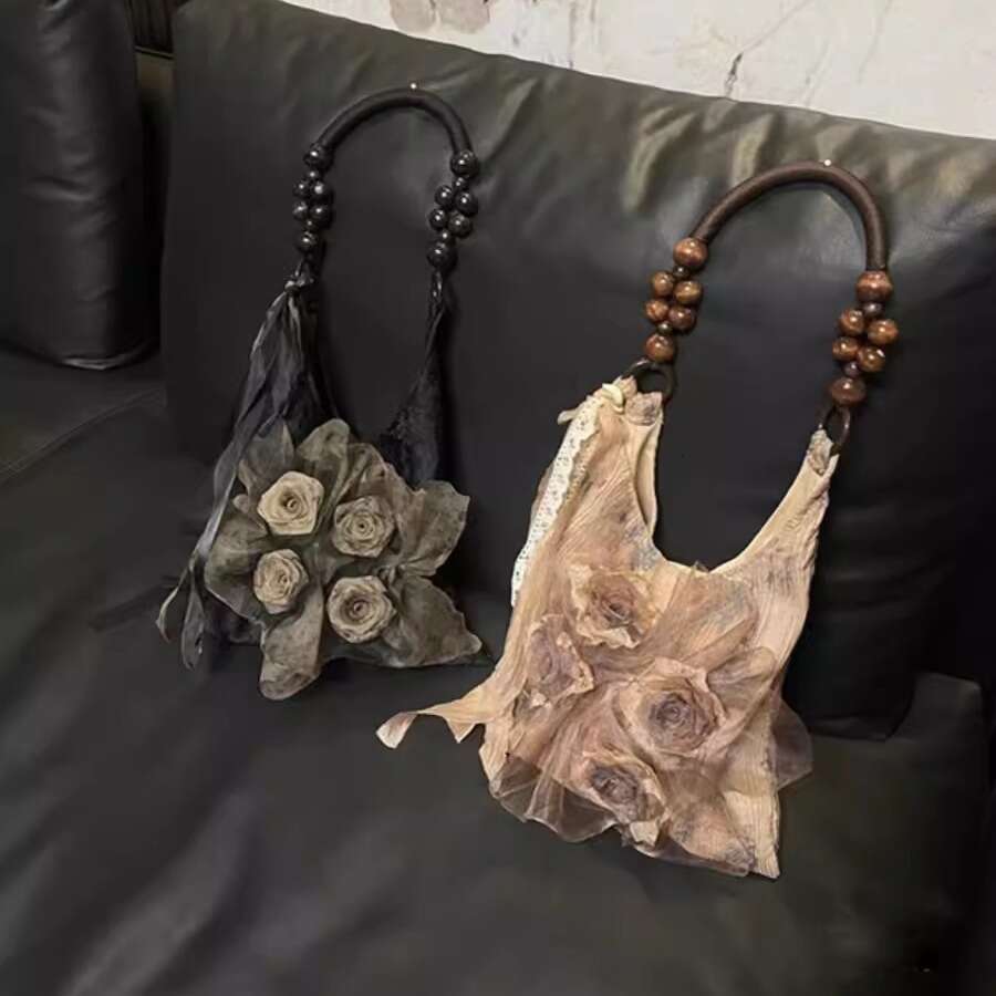 Chinese style grass and wood pad dyed rose flower bag pleated underarm commuting large capacity tote shoulder handbag