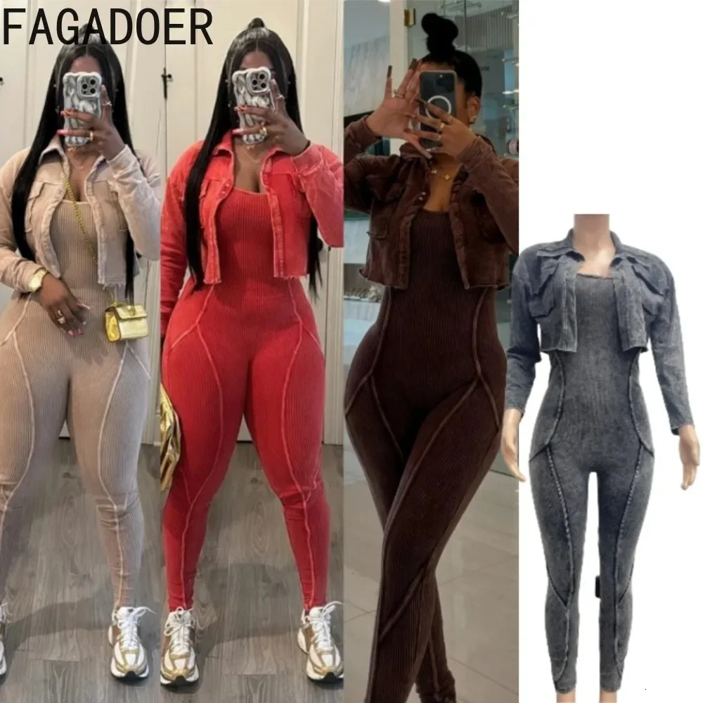 FAGADOER High Quality Rib Women 2 Piece Set Outfit Fashion Long Sleeve Crop Jacket Bodycon Jumpsuits Suits Clothing 2025 241209