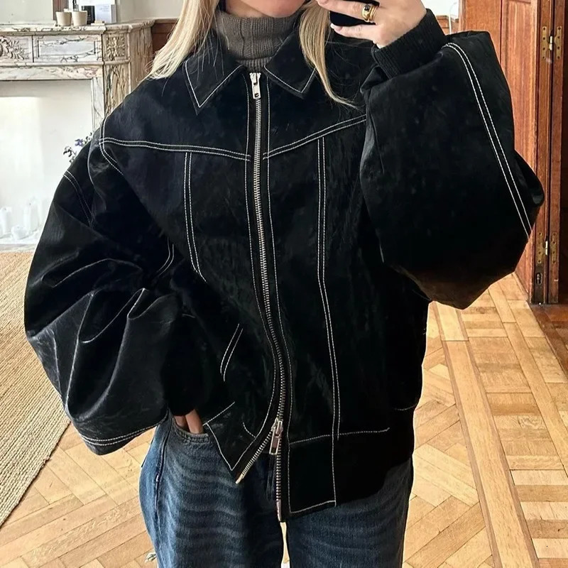 Retro contrasting patchwork lapel long sleeved jacket for women loose solid zipper Pu leather jacket 241214