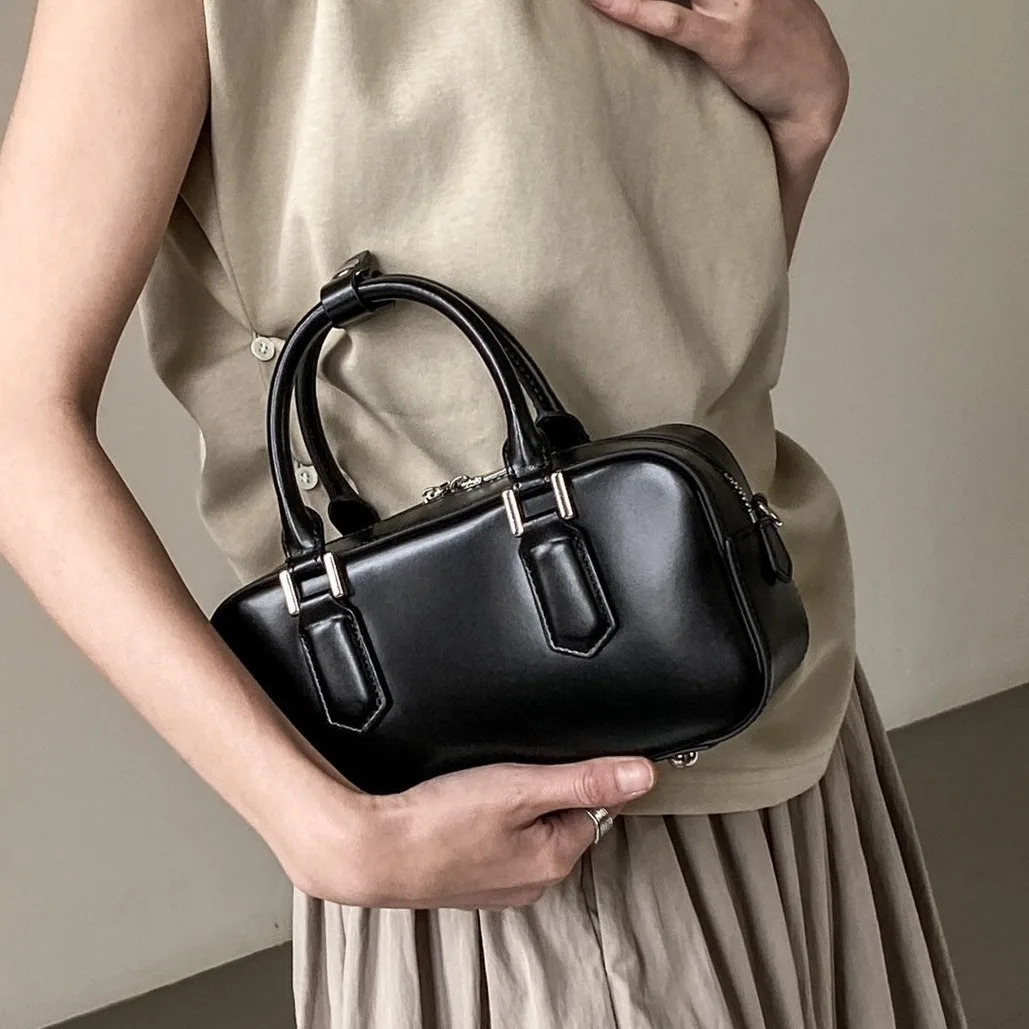 2024 simple Boston bowling tote bag silver black glossy denim leather womens shoulder bag square Versatile womens handbag 241212