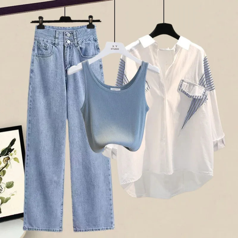 2024 Womens Autumn Striped Long Sleeve ShirtKnit VestJeans 3Piece Suit Korean Elegant Cardigan Denim Pants Matching Set 241203