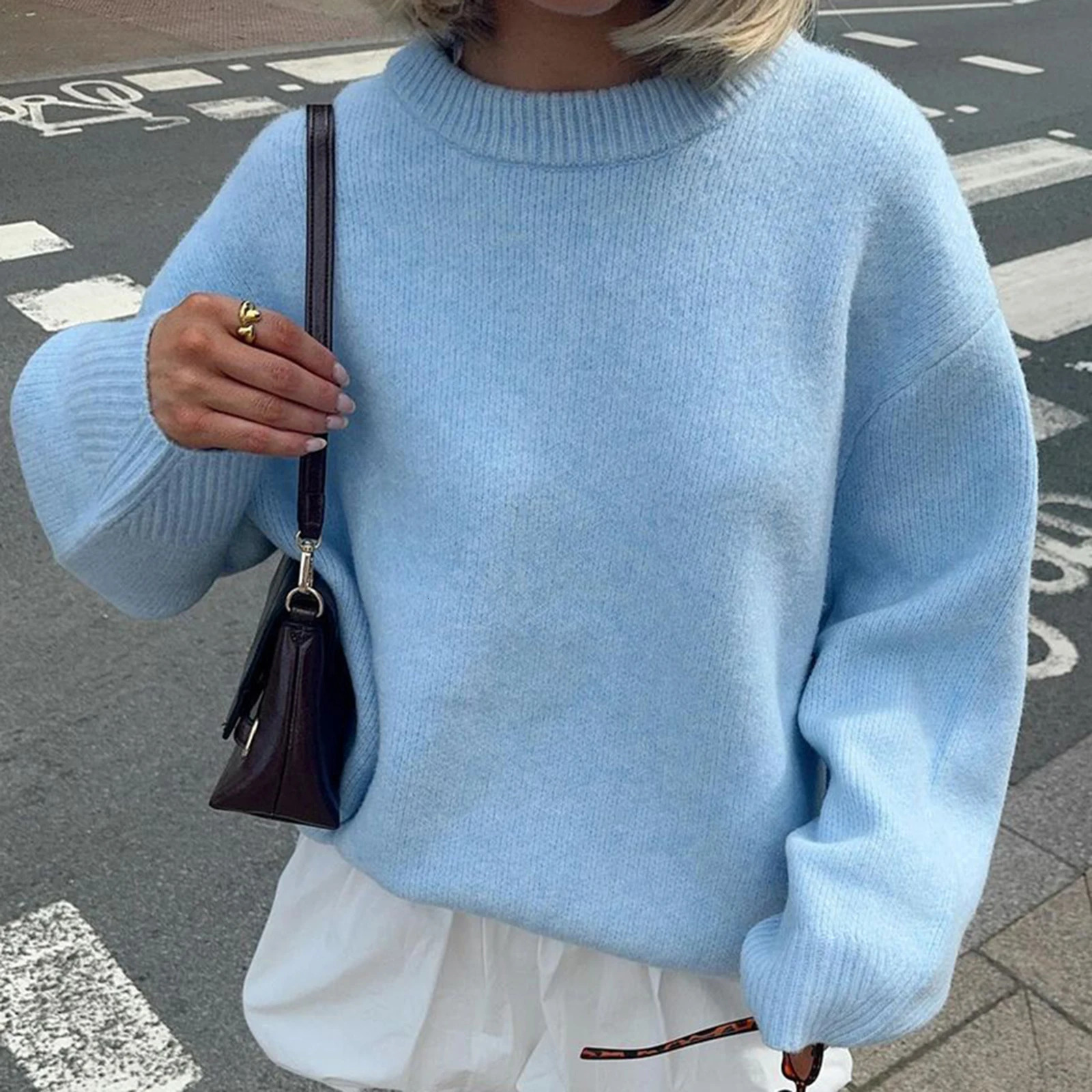 Hirigin Womens Y2K Large Prefabricated Sweater Long Sleeve Staff Collar Solid Color Loose Folded Strap Knitted Jumper Top 241211