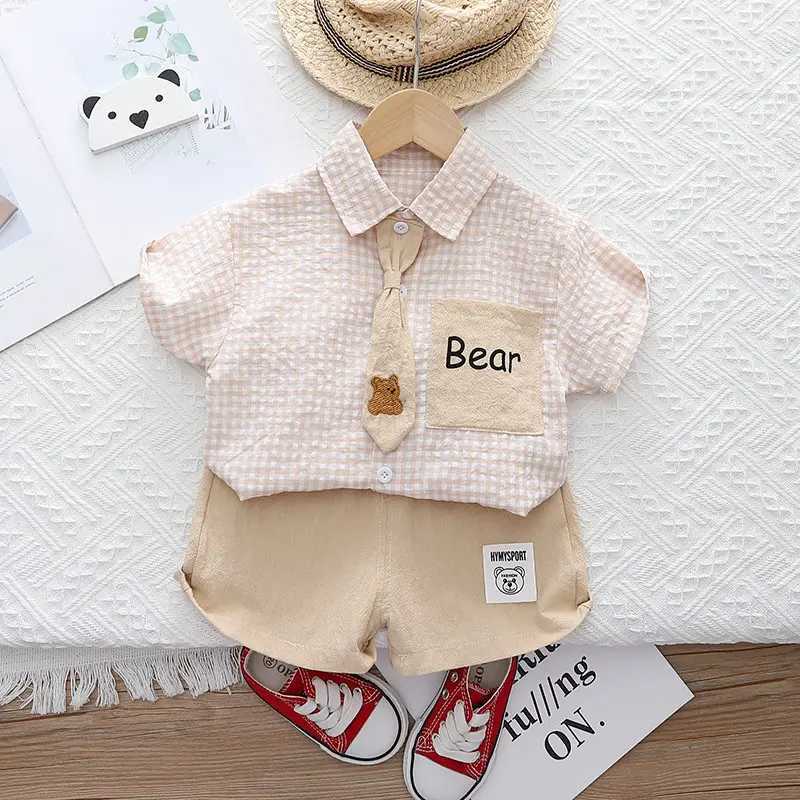 Clothing Sets Summer Casual Baby Boy Toddler Causal ClothesPlaid Shirt Tops Pants 2Pcs/Set With Tie Cotton Kids Outfits Clothing Suit H241214