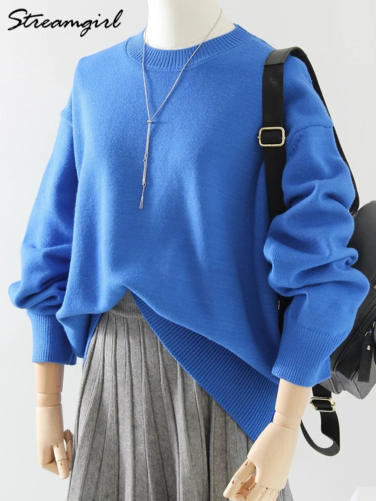 Basic Winter Burgundy Oversized Sweater Womens Oneck Warm Pull Loose Knitted Clothing 2024 241211