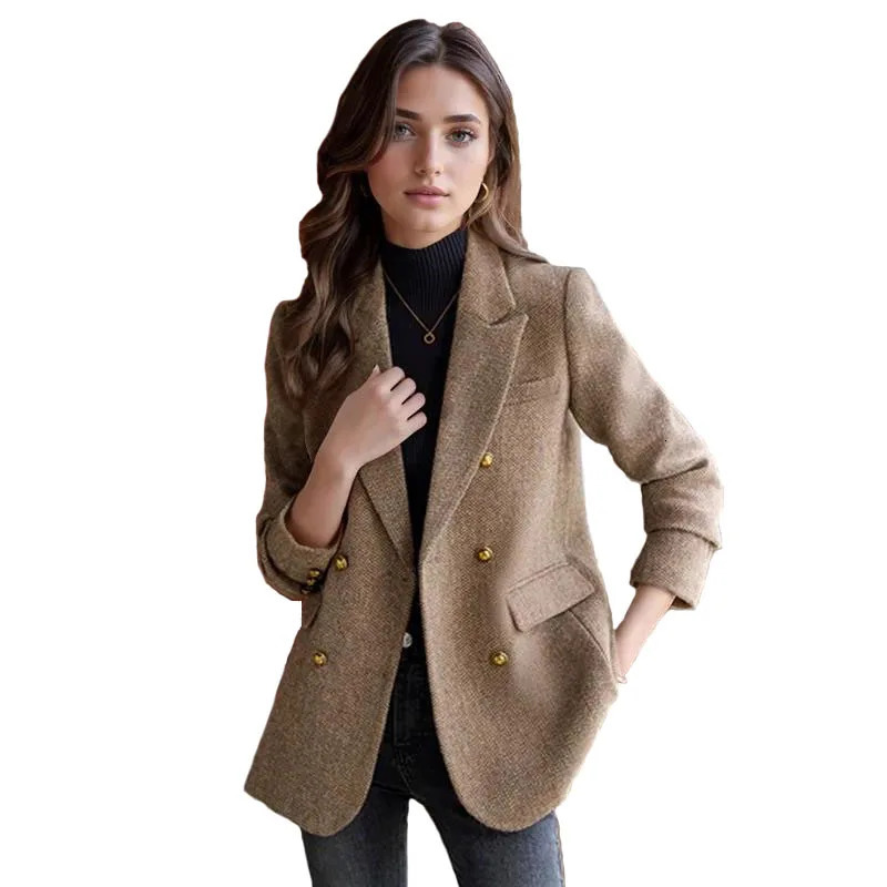 Autumn Winter Blazer Coats Womens Woolen Jackets Long Sleeve Notched Vintage Thick Outerwears Elegant Female Clothes 241209