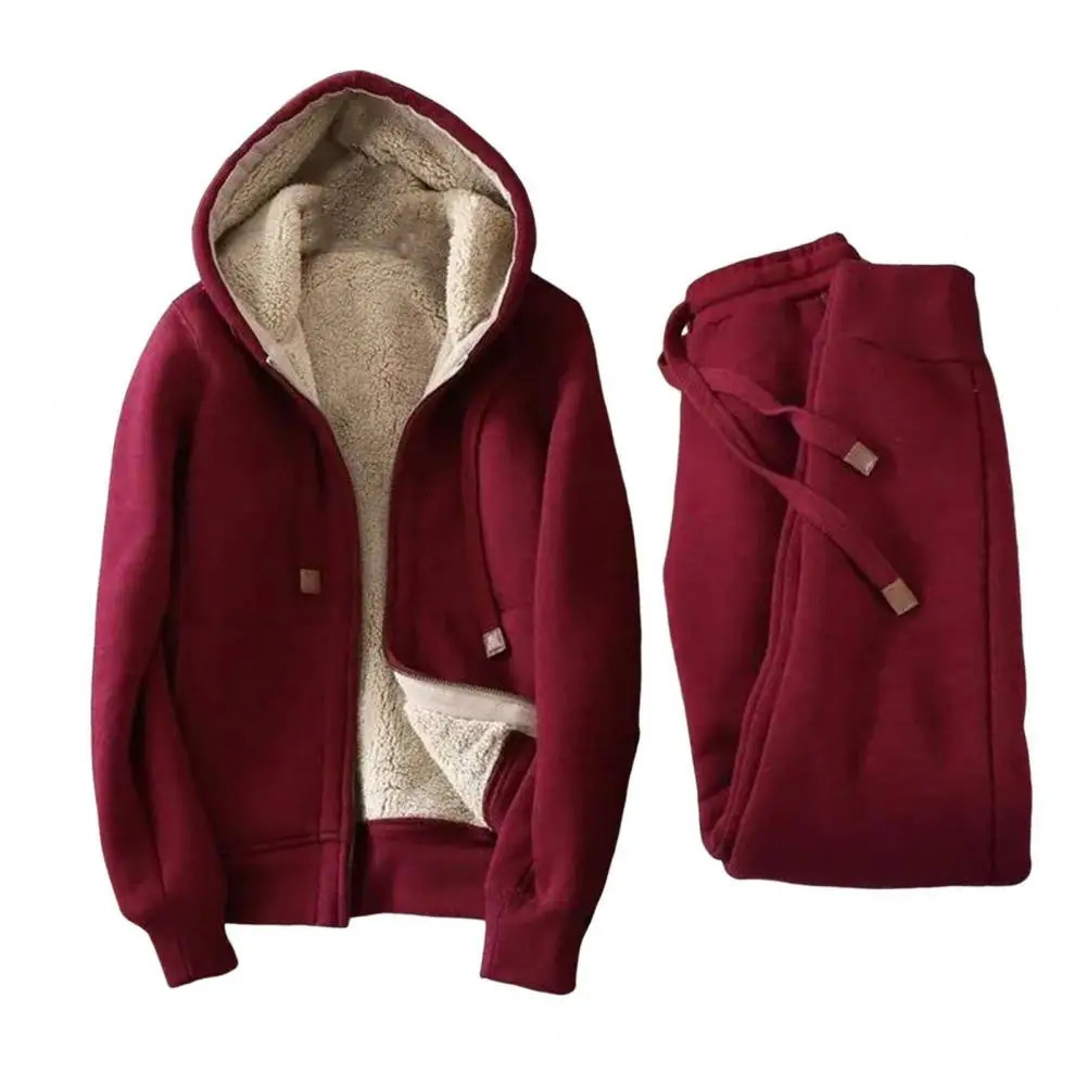 2piece Sets Winter Thicken Fleece Sweatshirts Hoodies Women Twopiece Suit Casual Sports Female Short Coat Straight Pants 241209