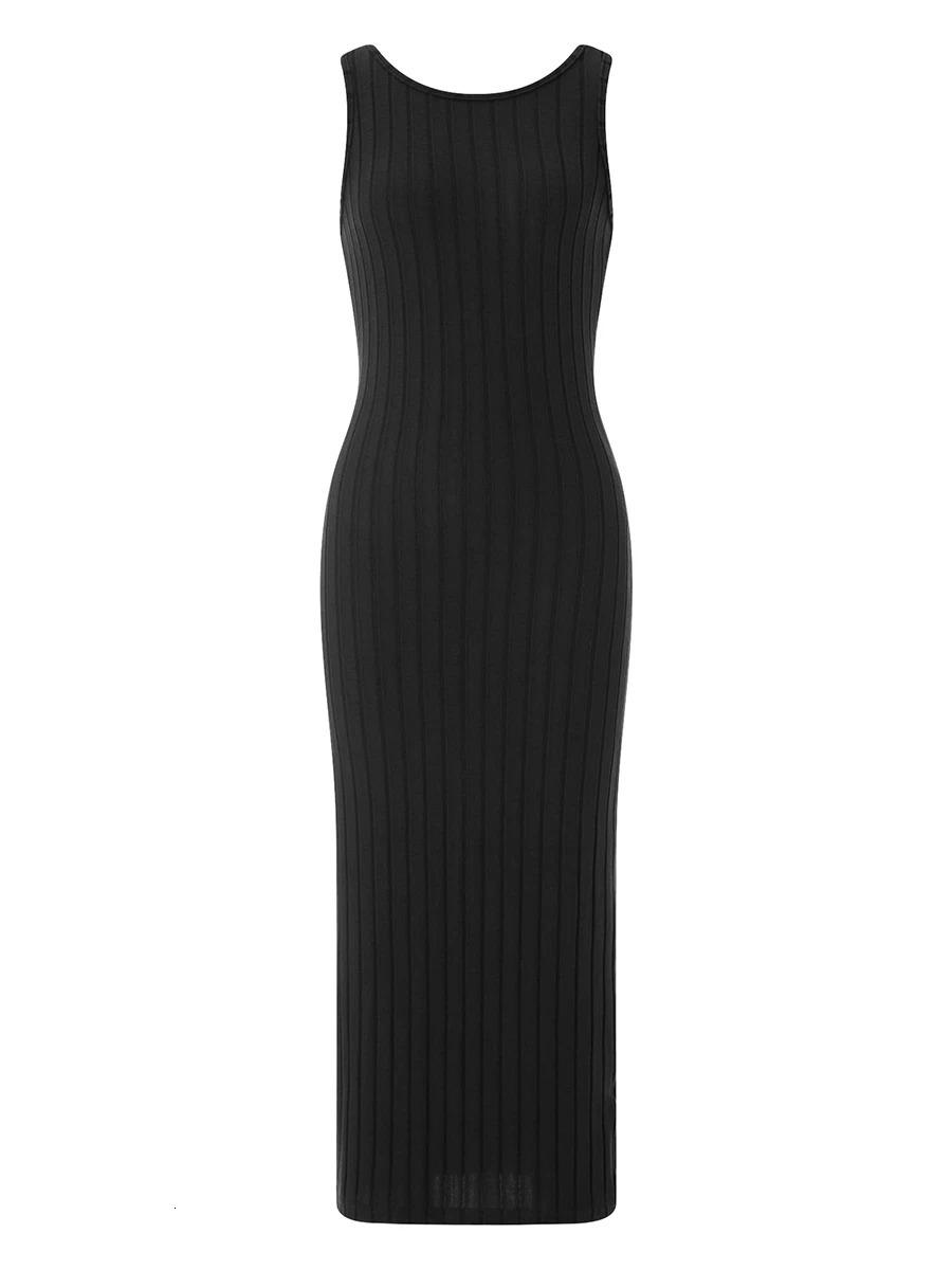 FOMOYUU Ribbed Knitted Long Body Strap Dress Sleeveless High Neck Party Side Seam Womens Wear 241212