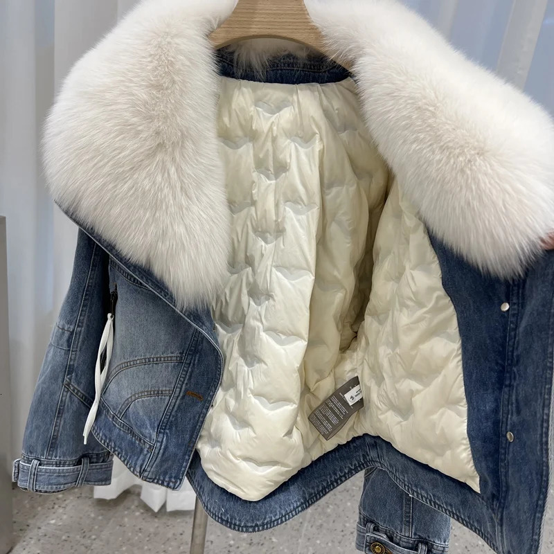 Womens winter coat with real fox fur collar detachable denim fur leather jacket goose down jacket 241210
