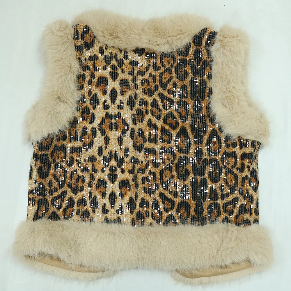 Women's Sleeveless Fur Leopard Sequined V-Neck Wool Vest And Pant Suits Street Two 2 Piece Set Outfit Tracksuit