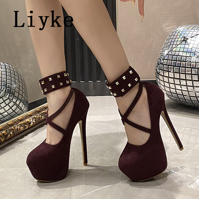 Liyke Runway Fashion Metal Rivets Ankle Strap Extreme High Heels For Women Wedding Party Stripper Shoes Platform Pumps Sandals