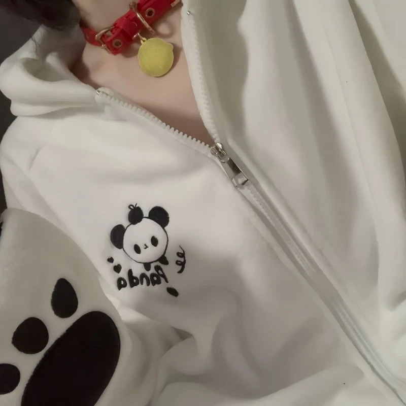 Y2k Cartoon Panda Embroidered Polar Wool Jacket Womens Hoodie Casual Loose Zipper Sportswear Aesthetics Japanese Folded Top 241209