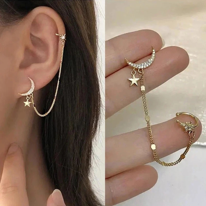 Korean Fashion Hip Hop Chain Earrings Steel Chain Threader Drop Cuff Double Chain Piercing Earrings Unisex Jewelry 241214