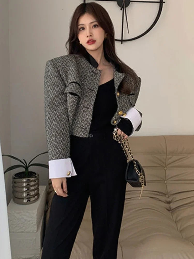 Womens Fashion Korean Chic Retro Coarse Felt Jacket Womens Spring Contrast Cut Jacket Elegant Office Womens Jacket 241214