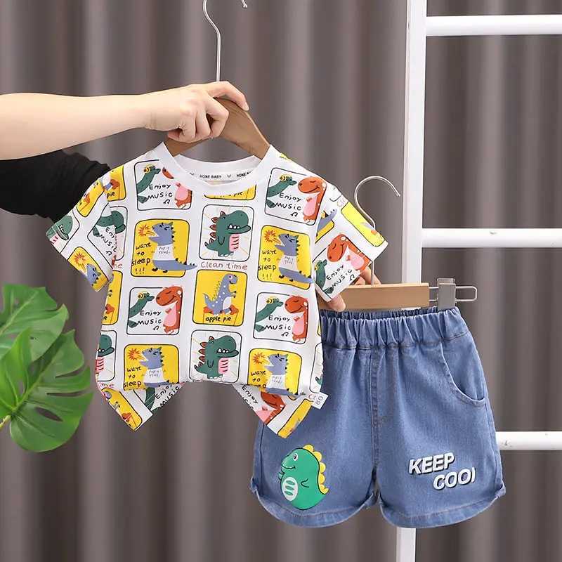 Clothing Sets Summer Children Kids Boys Girls Colorful T-Shirt Denim Shorts 2pcs/Set Toddler Fashion Clothing Kids Tracksuit 0-5 Years H241214