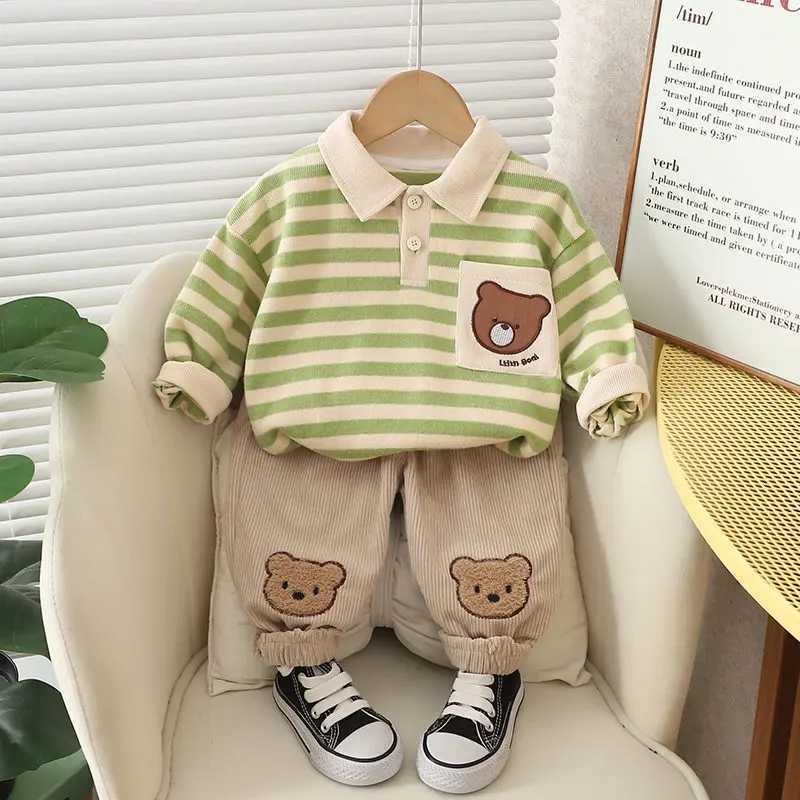 Clothing Sets Spring Autumn Children Baby Boys Clothes Infant Strips Cartoon Bear T-shirt Pants 2Pcs/set Toddler Fashion Cloth Kids Tracksuits H241214
