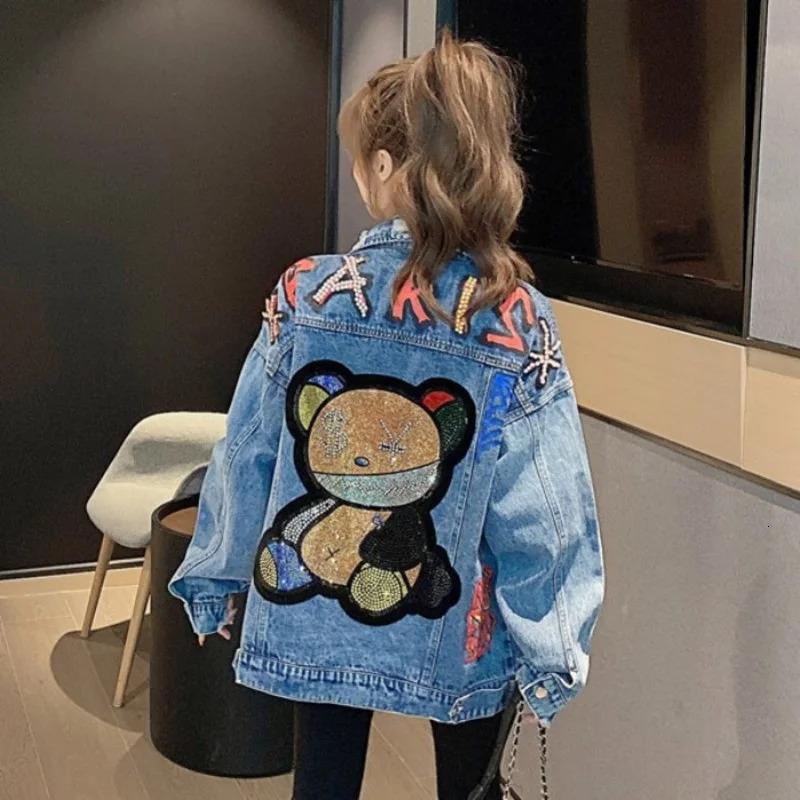 Warm winter wool lining faux fur collar denim jacket for women loose fit Jean Coats graphic diamond print casual jacket top 241210