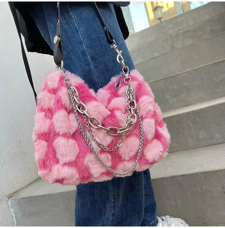 Y2k Pink Love Underwear Bag Soft Plush Heart Pattern Womens Shoulder Bag Womens Chain Fur Cross Bag Handbag 241213