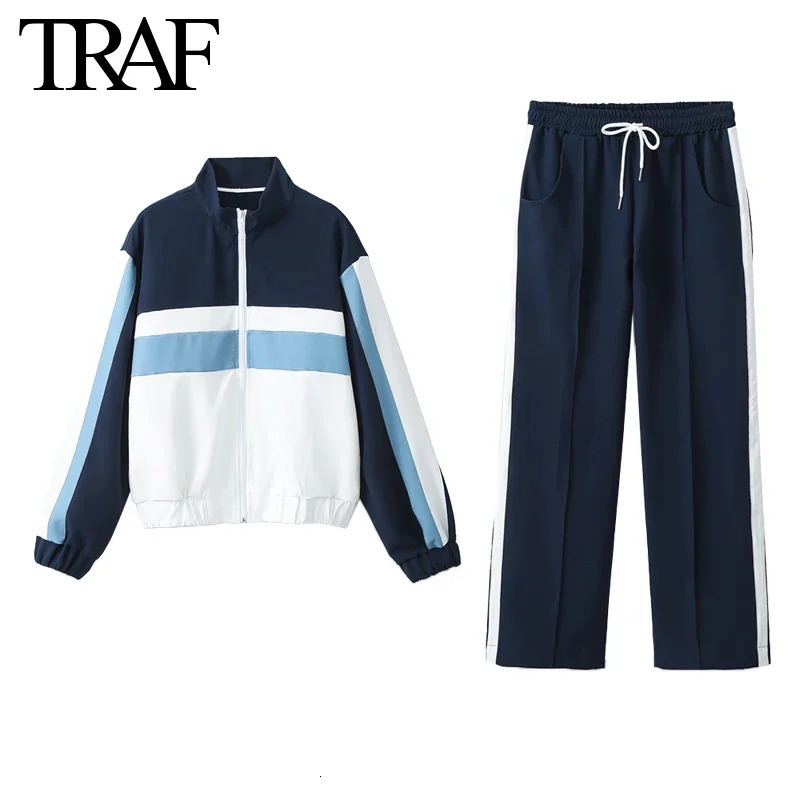 TRAF Women Fashion Spring Stripe Long Sleeve Zip Bomber Jacket Chic Female High Waist Jogging Pants Twopiece Set 241203