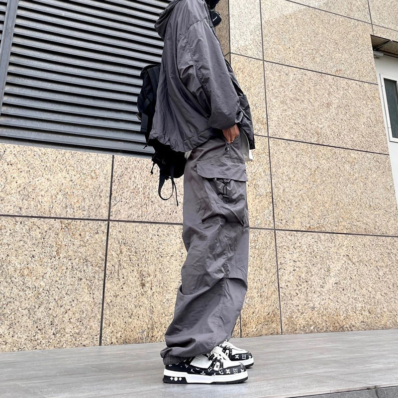 Elastic Waist Big Pocket Cargo Pants Men Streetwear Spring Autumn Wide Leg Joggers Solid Color Oversize Baggy Pants Women 241214