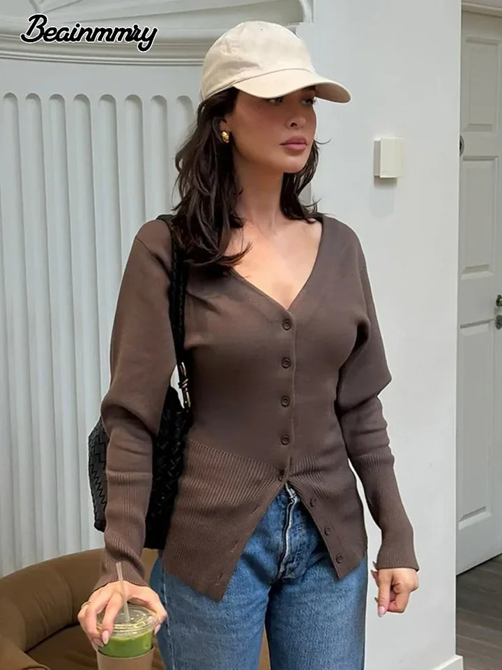 Elegant Vneck Brown Slim Knitted Cardigan Women Fashion Long Sleeve Singlebreasted Sweater 2024 Lady Fall Winter Knitwear 241214