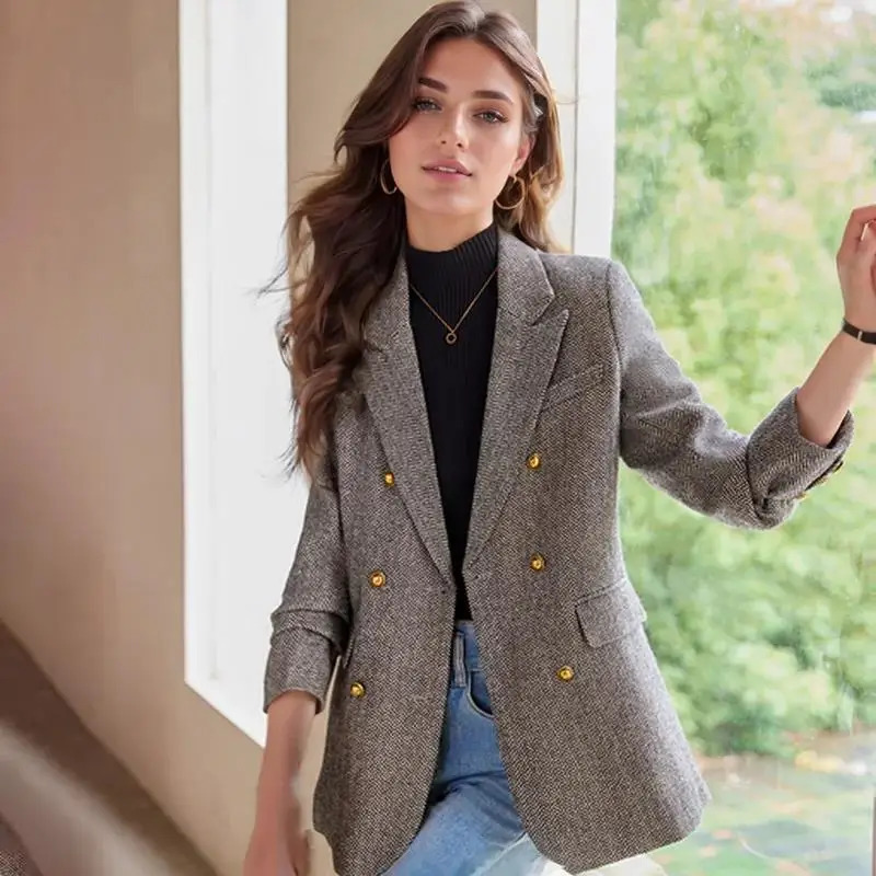 Autumn Winter Blazer Coats Womens Woolen Jackets Long Sleeve Notched Vintage Thick Outerwears Elegant Female Clothes 241209