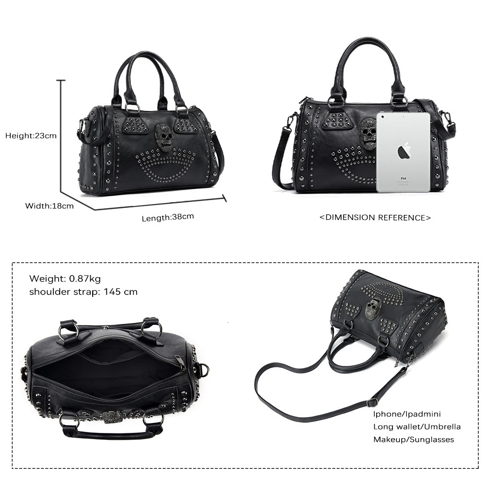 Annmouler Womens Bag Trend Large Capacity Boston Bag Black Skull Handbag Pu Leather Handbag Rivet Ten Font Wallet 241212