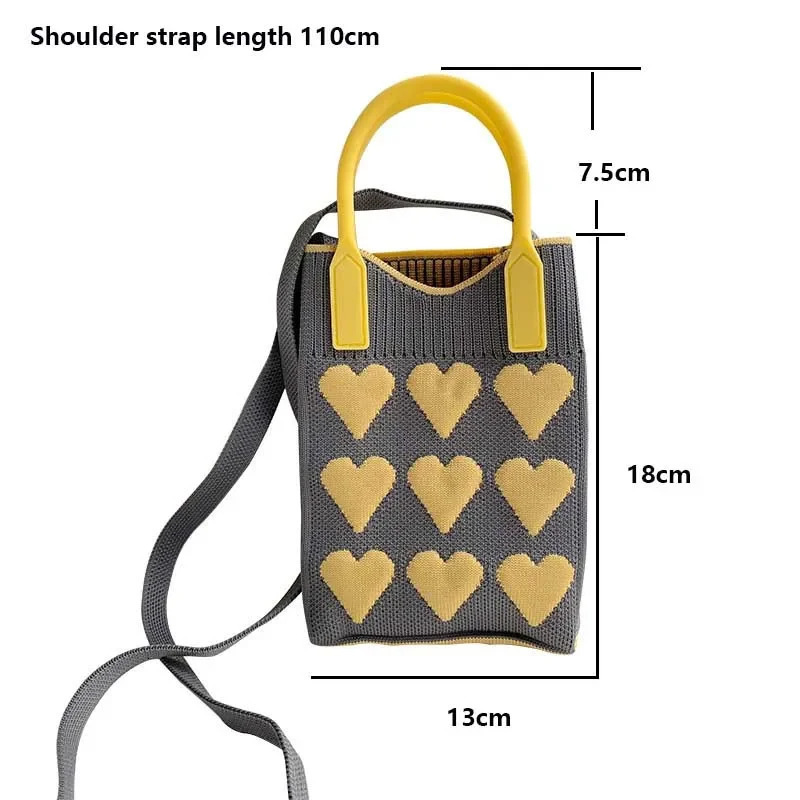 Korean fashion heart-shaped knitted mini square womens handbag small mobile phone shoulder bag cute outdoor cross body bag 241213