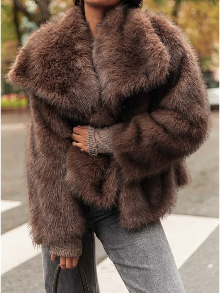 Brown Big Lapel Faux Fur Fury Womens Coats Fluffy Long Sleeved Thick Warm Jackets Winter Lady Casual Street Outwear 241211