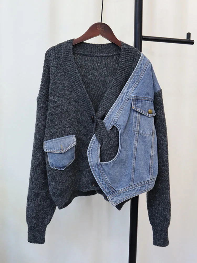 DEAT Spliced Denim Knitted Cardigan For Women Loose Casual Versatile Sweater Jacket Female Trend 2024 Autumn Items 33A2097 241214