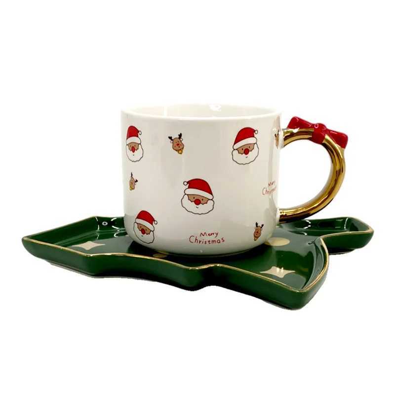 Christmas tree shaped ceramic coffee cup and sauce creative bow handle Mti posture gingerbread mens patterned beverage Y241214