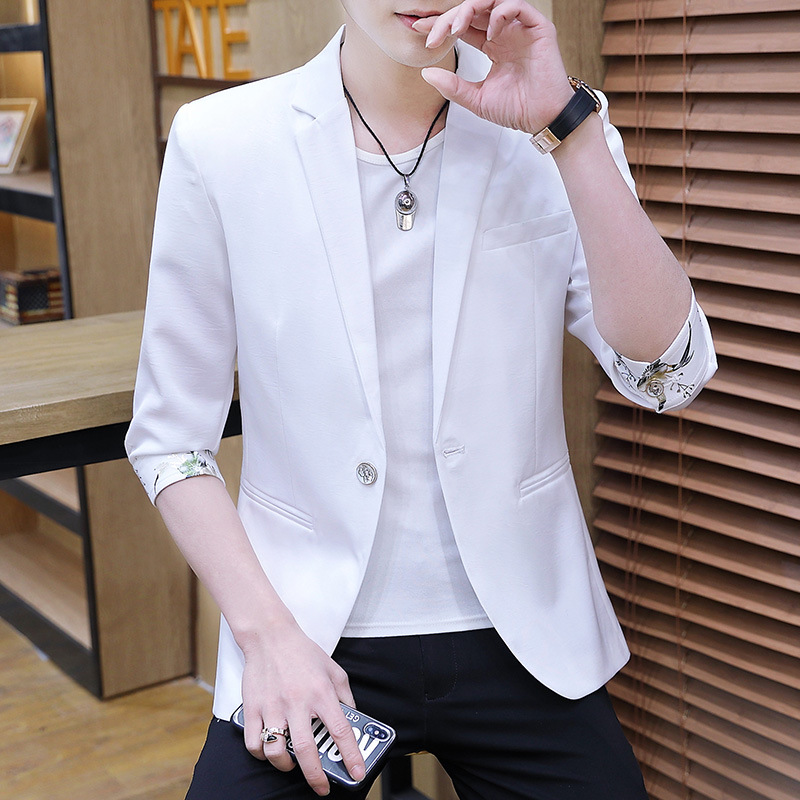 L1215New style printed solid color mid-sleeve small suit for men Korean style slim youth casual suit