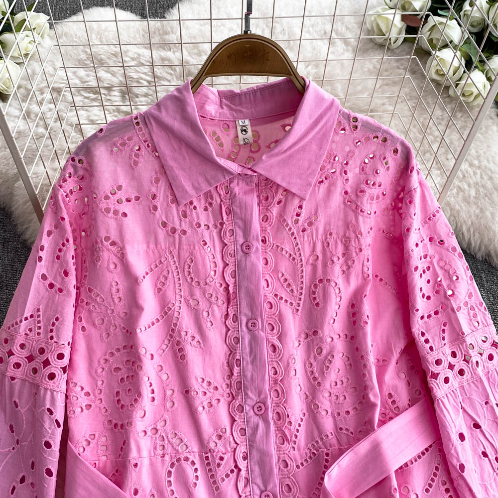 Casual Dresses 2025 Spring Holiday Beach Hollow Out Cotton Dress Women's Long Sleeve Lapel Embroidery Flower Belt Lace Up Party Long Vestidos