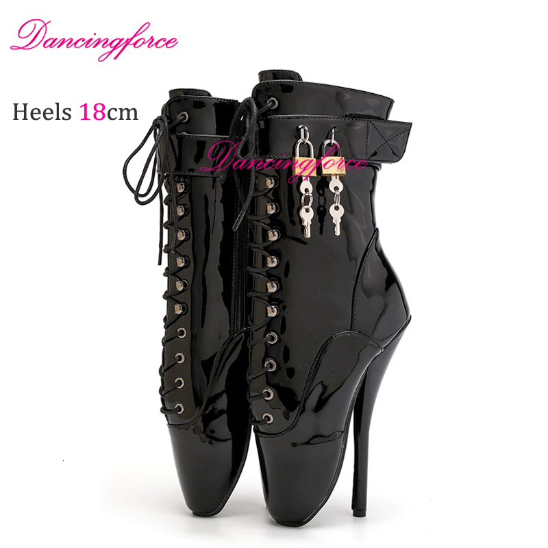 Dancingforce Black 18Cm/7.2Inchesultra High Heels Ankle Ballet Boots Sexy Fetish Lockable Super Girl Nightclub Training Shoes