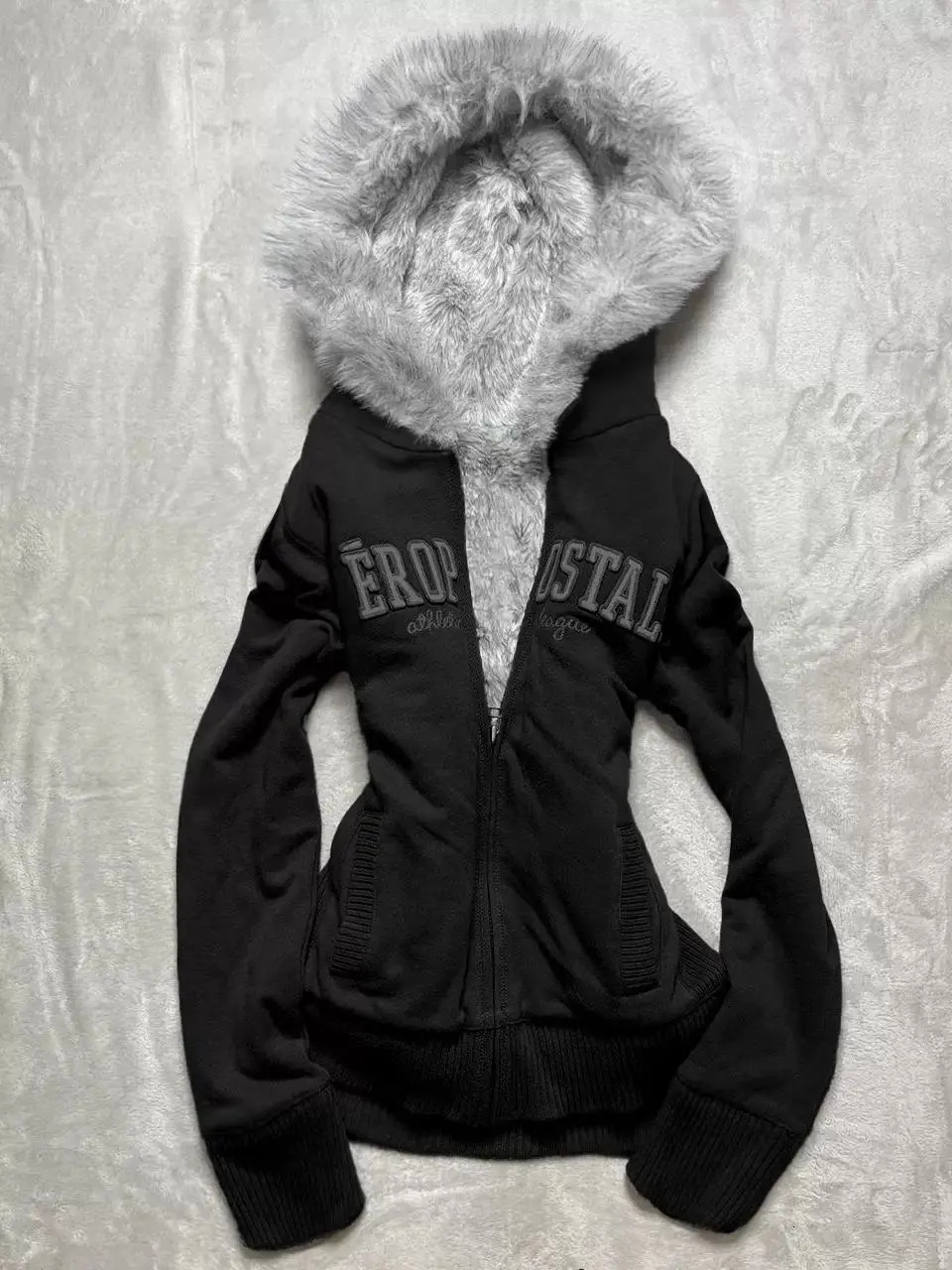 Y2K American original gray velvet thick hooded womens sweater jacket retro slim spicy girl warm zipper jacket 241209