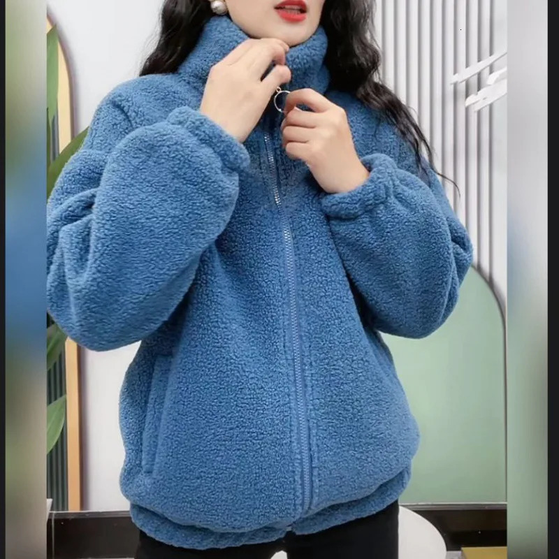 Women Polar Fleece Coats Solid Color Autumn Winter Thicken Warm Jackets Casual Streetwear Ladies Zipper Stand Collar Outerwear 241210