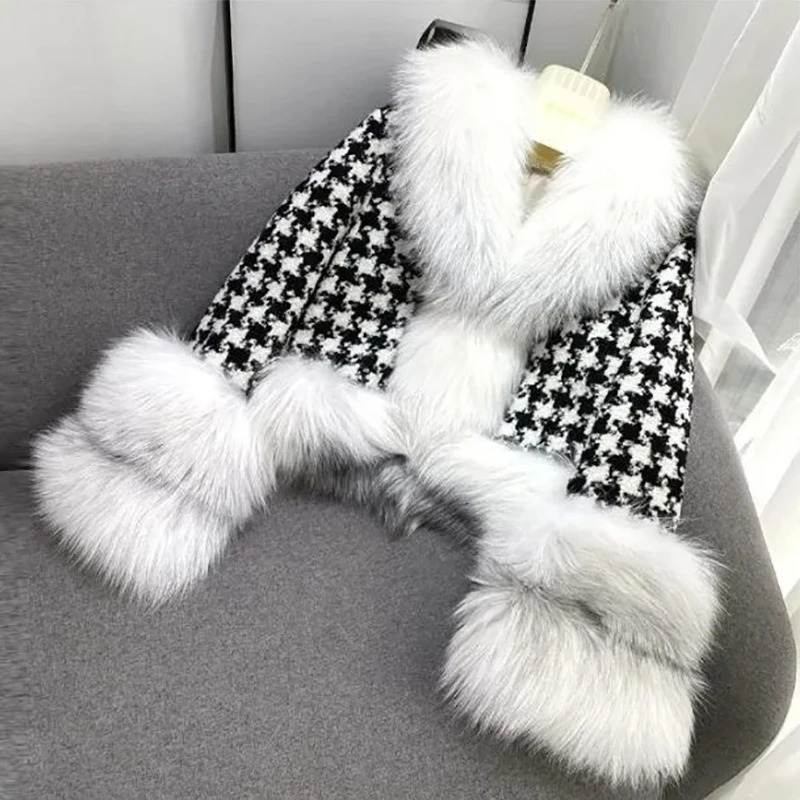 Womens fur coat for autumn and winter ious and warm short style with a checkered fur collar and faux fur jacket fashionable and adjustable waist jacke