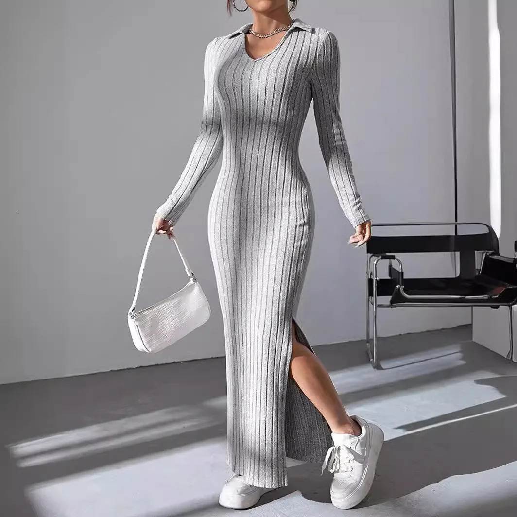 2024 SpringSummer Womens Knitted Weight Loss Collar Fashionable Casual Elegant Pit Strip Solid Color Long Dress 241212