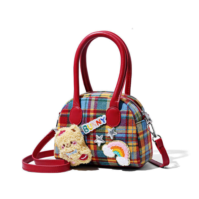 Exquisite plaid ins bag, cute little brown bear, fashionable handbag, high-value commuting wallet, crossbody bag