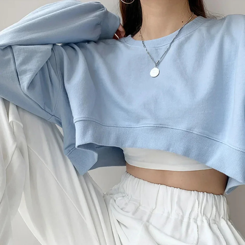 Sweatshirt Cropped Crop Top Pullover Tops Causal Hoodies Korean Long Sleeve Loose Round Neck Womens Daily Fashion 241214