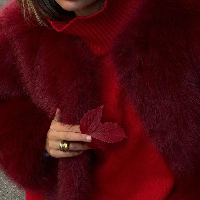 Neo Mint 2025 Ancora Red Christmas Year Fur Coat Women Cropped Faux Fox Jacket Chic Trendy Fluffy Furry Outerwear Female 241211